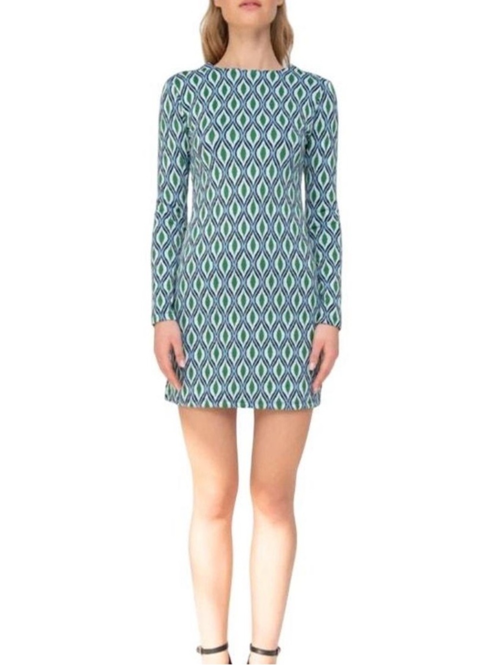 Zara Long Sleeve Geometric Mini Dress in Teal and Green